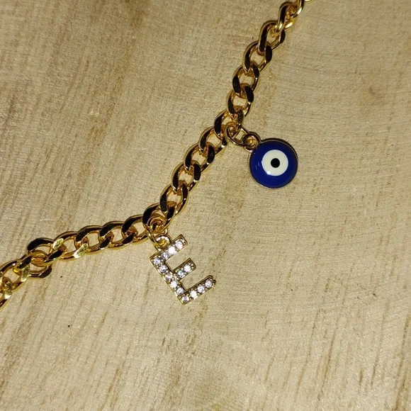 Letter E Anklet With Evil Eye 11.5 - Picture 2 of 3